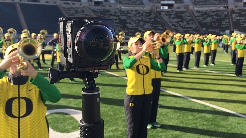 The 360-degree camera in front of the Oregon Marching Band