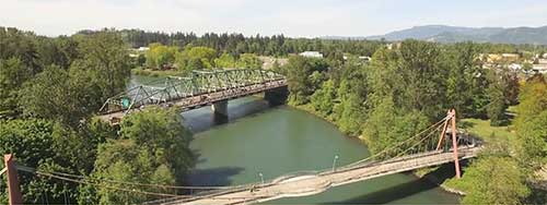 Overhead view of the Ferry Street and Peter Defazio bridges over the Willamette River