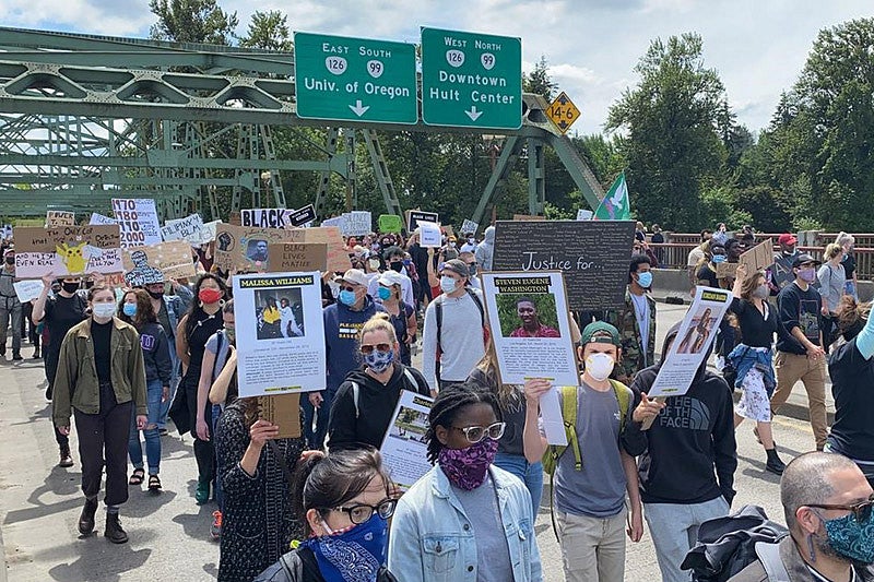 Image of protesters in Eugene, OR on May 25, 2020. Photo credit: Elizabeth Gabriel; KLCC