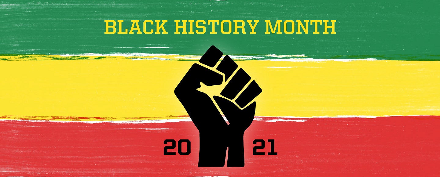 Black History Month 2021 over a green, yellow, and red paint lines with a black fist in the center