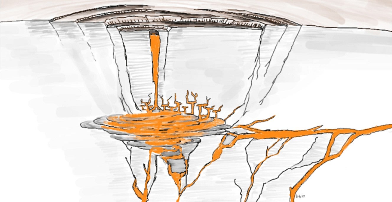 Illustration of magma in a crater