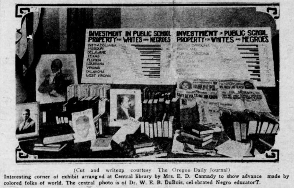 "Interesting corner of exhibit arranged at Central library by Mrs. E.D. Cannady to show advance made by colored folk of the world."