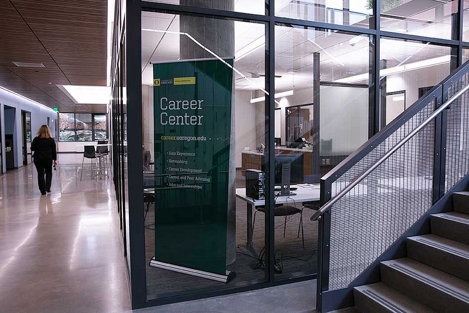A sign welcoming students to the Career Center in Tykeson Hall