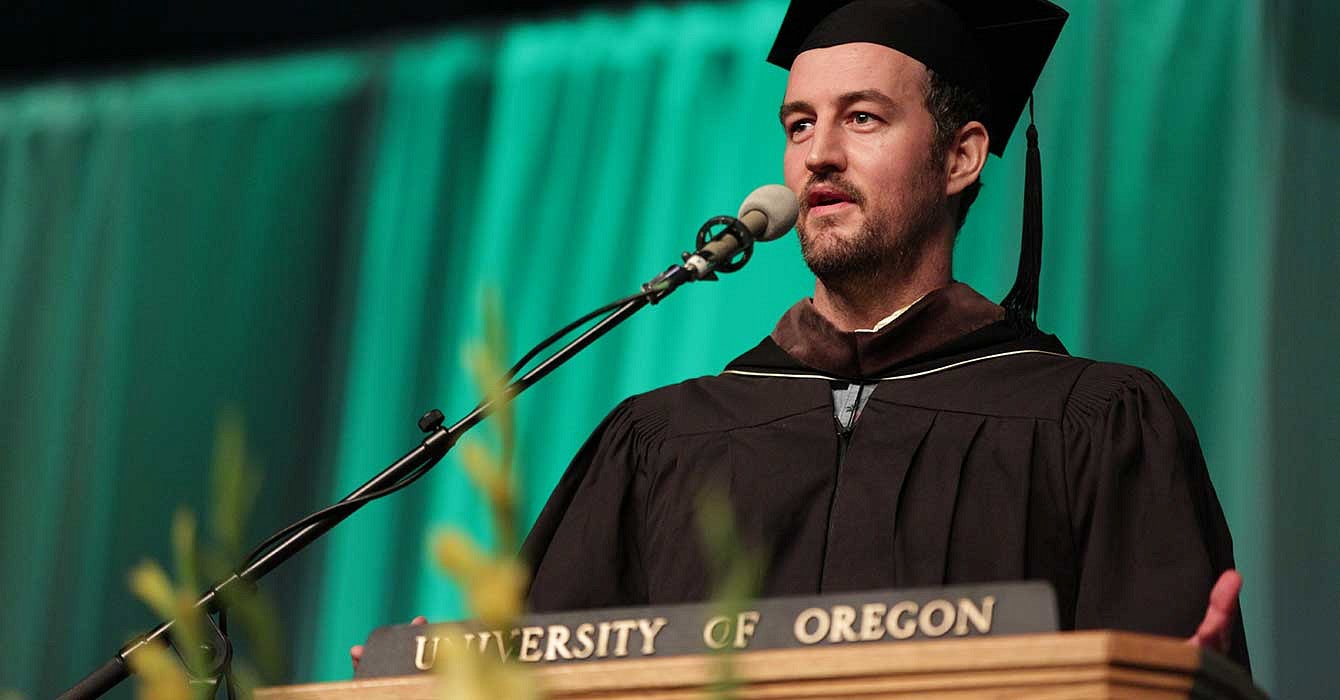 Commencement speaker and co-founder of WeWork Miguel McKelvey speaks of his experience growing up in Eugene and how he became who he is today, still figuring out who he is as a continual work in progress.