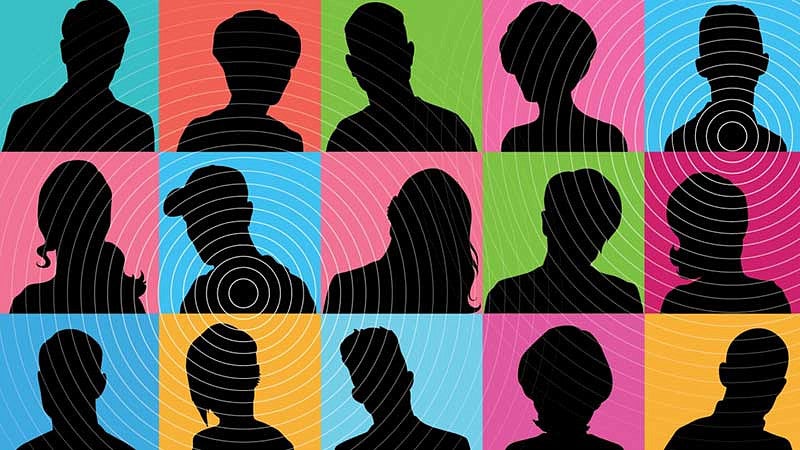 Silhouettes of people in color squares