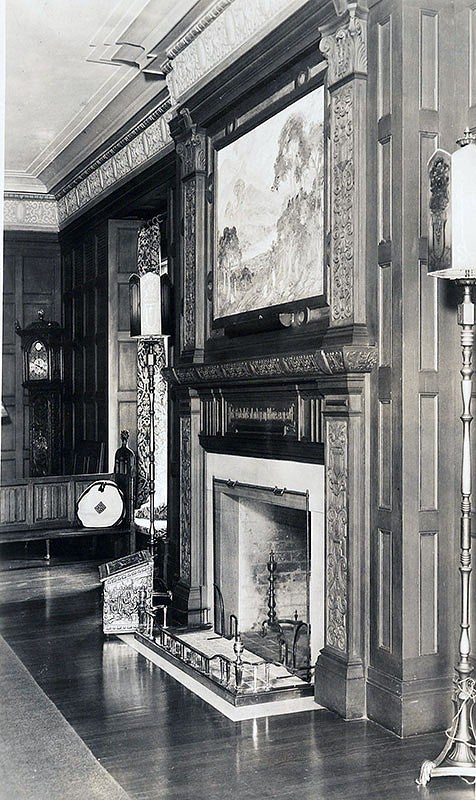 A photo from the 1930s of a fireplace in Gerlinger Lounge