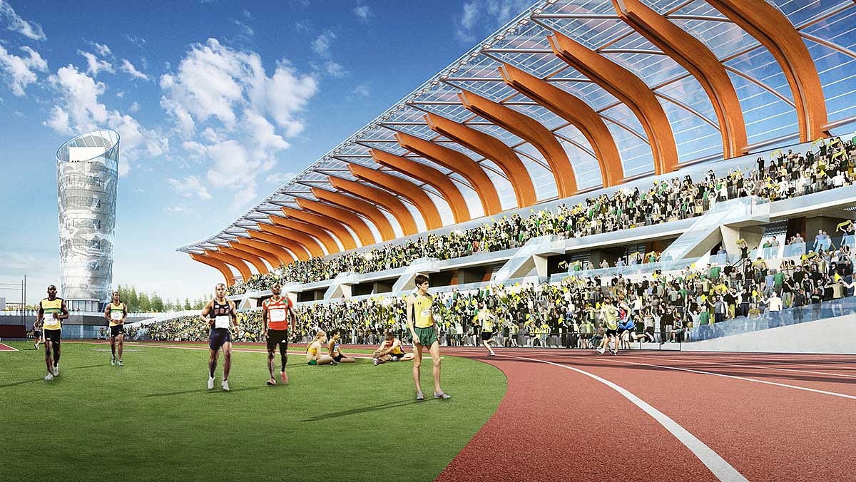 Rendering of Hayward Field with athletes walking in the infield