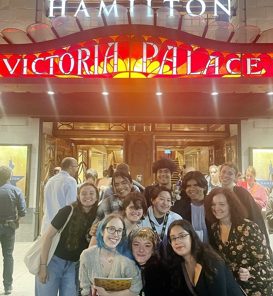 PathwayOregon students gathering in front of London's Victoria Palace to see the musical Hamilton 