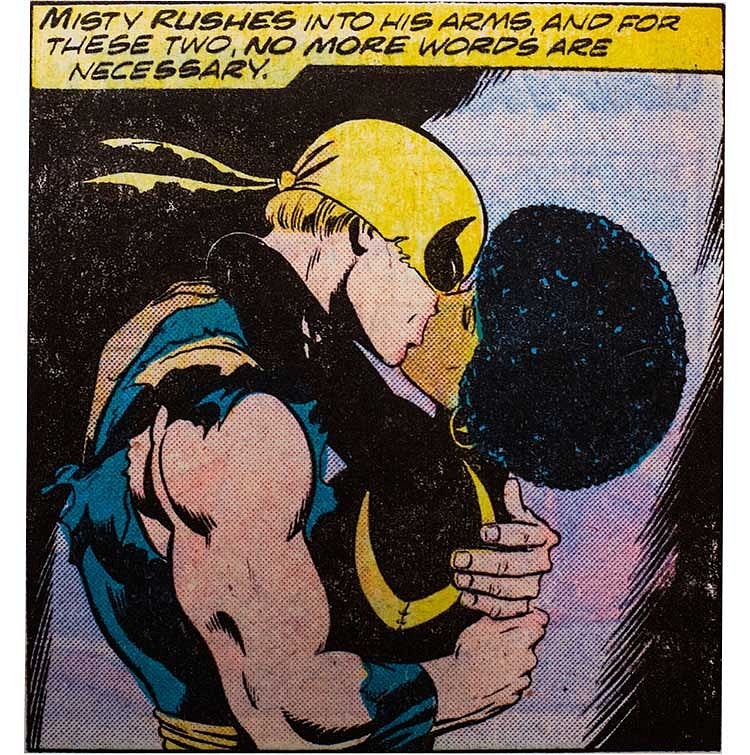The first interracial kiss in mainstream comics between Iron Fist and Misty Knight in 1977