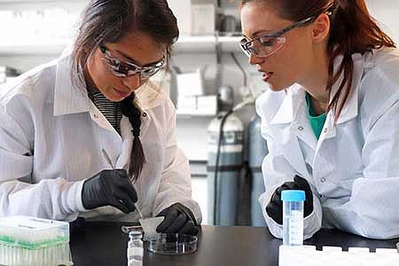Knight Campus Undergraduate Scholar Michelle Hernandez with her mentor, Kelly Hyland, working in a lab 