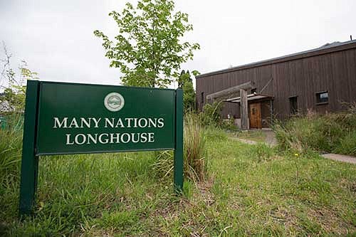Sign in front of the longhouse that says Many Nations Longhouse