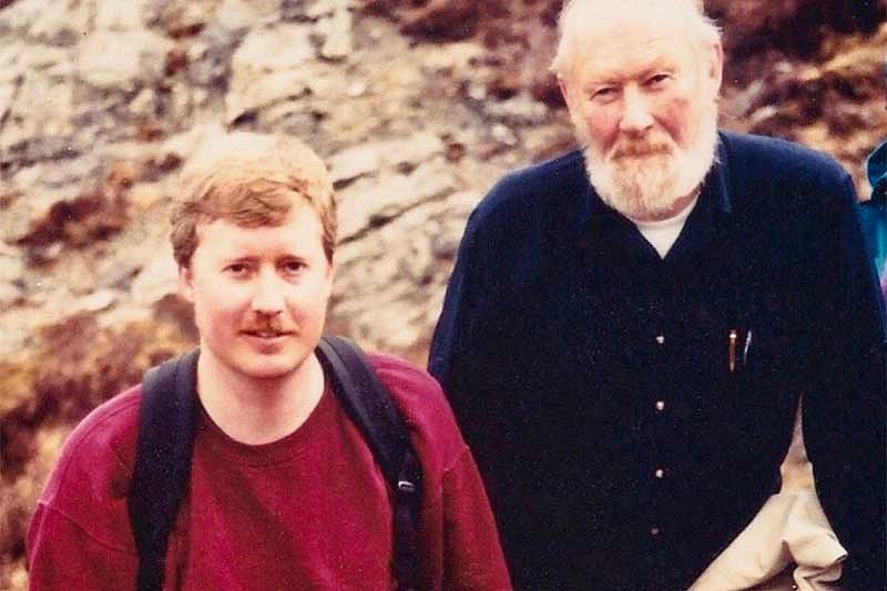 Alexander McBirney and Dave Draper outside on the Isle of Mull in 1993