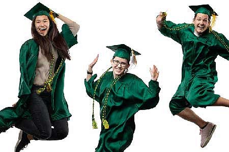 Kahei Lee, Brianna Kendrick, and Devon Linville in cap and gown
