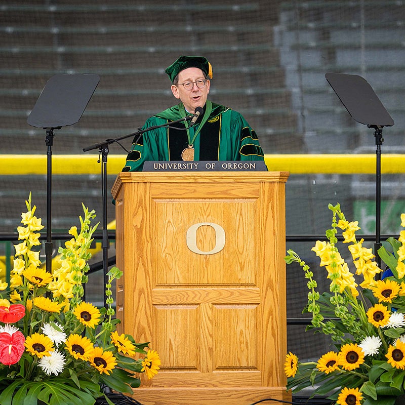 President and Professor of Law Michael H. Schill speaking at the 2022 UO Graduation