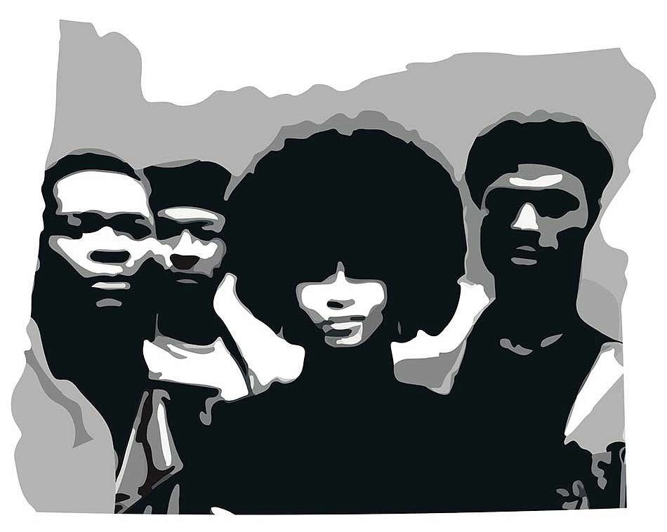 Members of the Black Panthers in the outline of the state of Oregon