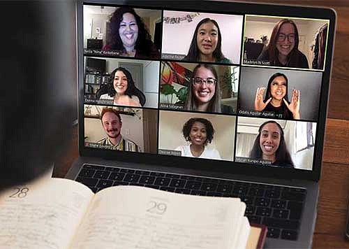 Nine students on a computer screen during a Zoom call