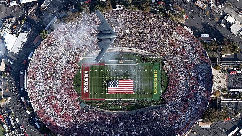Overhead view of the B-2 Spirit flyover of the Rose Bowl