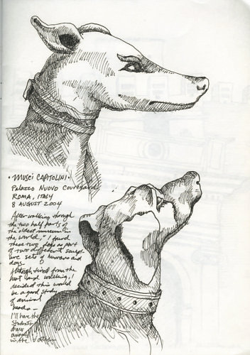 Musei Capitolini, Palazzo Nuovo courtyard, Roma, Italy, 8 August 2004, from sketchbook 60. Tired at the end of a long, hot day, O'Connell sketched these studies of sculptures of dogs in a Roman courtyard.