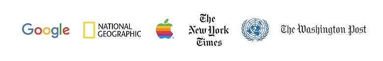 Logos for Google, National Geographic, Apple, the New York Times, The UN, and the Washington Post