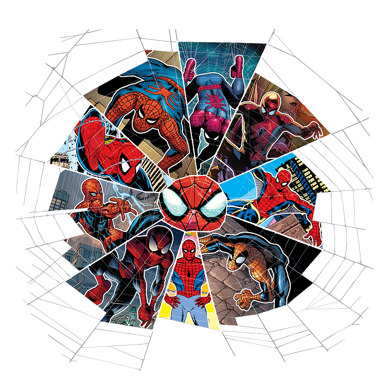 collage of Spider-Man art from various eras of the comic
