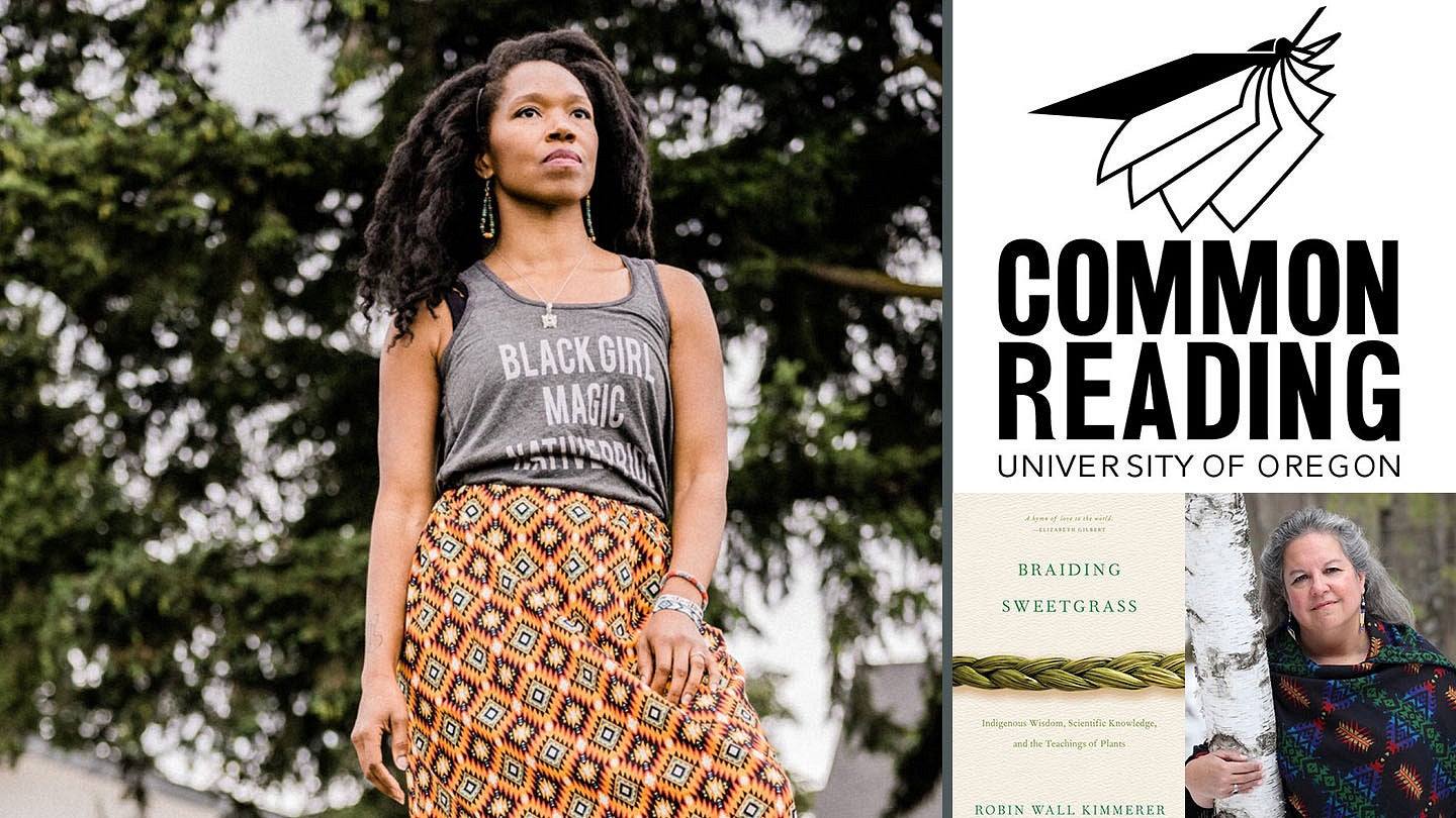 Amber Starks and the Common Reading logo with the latest CR book: Braiding Sweetgrass and Robin Wall Kimmerer