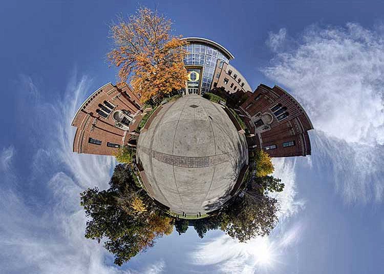 Fish eye lens view of campus near the Lillis Business Complex