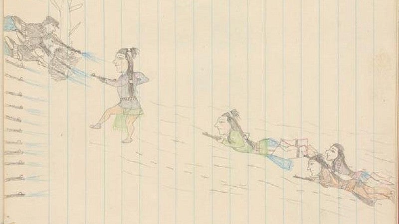 Colored pencil drawing of four Native American warriors fighting with many cavalry soldiers and rifles.