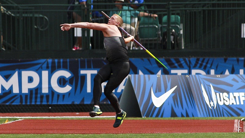 Cyrus Hostetler throwing the javelin at the USA Track & Field Olympic Trials