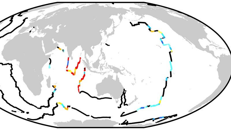 Graphic shows mid-ocean ridges and locations of gravity anomolies after the meteorite strike
