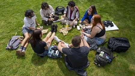 students sitting in circle on lawn eating food