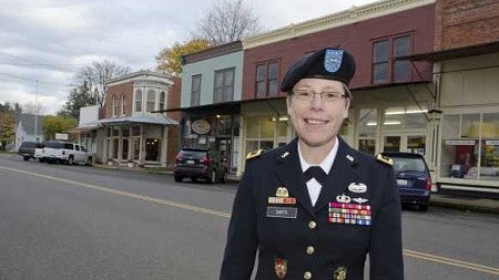 Tammy Smith, pictured here in her hometown Oakland, Oregon, makes history wearing the shoulder insignia of her new rank, brigadier general. Photograph by John Bauguess