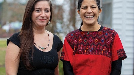 Pérez Báez (right) and Helms are empowering Native researchers to revitalize their languages. Photo by Julia Wagner, University Communications