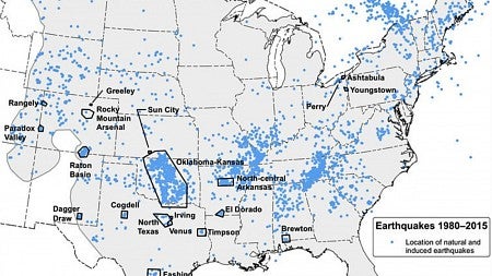 USGS map of induced and natural quakes, and wastewater injection sites