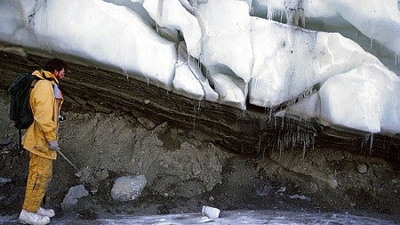 1987 Image shows layers of basal ice and sediment underneath Antarctica’s Taylor Glacier