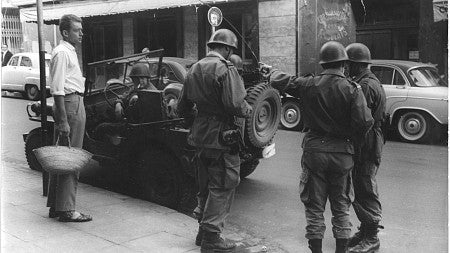 Still showing military jeep and soldiers from James Blue’s feature film  Les Oliviers de la Justice  (1962), winner of the Critics’ Prize at Cannes.