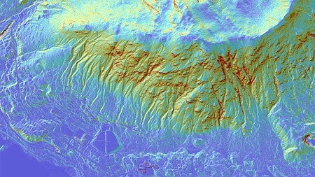 Lidar map with colors depicting hillslope steepness