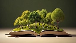 Trees emerging from an open book