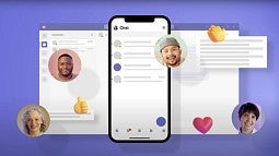 Microsoft Teams chat windows on a smartphone and computer, with profile photos and reactions overlaid