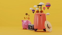 Suitecase, piggy bank, hot air balloons and other retirement icons