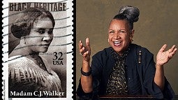 A’Lelia Bundles and a stamp with her great-great-grandmother's image