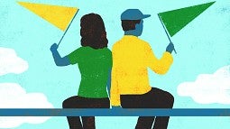 Illustration of two people sitting in bleachers waving flags