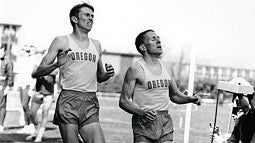 Arne Kvalheim and Dave Wilborn during a race at Hayward Field in the late 1960s