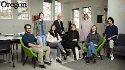Christoph Lindner (center, back), dean of the College of Design, with students organizing the HOPES Conference (left to right): Zachary Sherrod, Madeline Chu, Kahei Lee, Dani Valdez, Emma Stone, Shelby Stagi, and Isabela Ospina. Photo by Chris Larsen