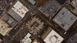 Aerial view of downtown Eugene buildings
