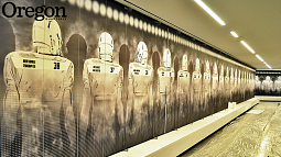 Graphics on the ventilated lockers feature four different body types related to various positions, as well as each player's name, number, and hometown. Photograph courtesy ZGF Architects