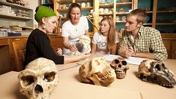 Professor and students with primate skulls