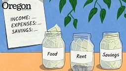Illustration of student savings plan and jars (credit: Sasha Heye, design, class of 2022)