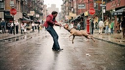 Photo of a man playing with a dog on a street in New York City.