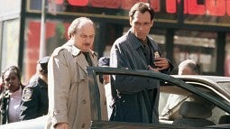 Actors Dennis Franz and Jimmy Smits on the set of ‘NYPD Blue.