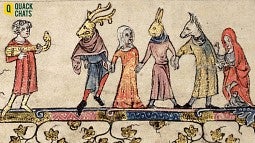 Illustration of masked performers at a medieval festival